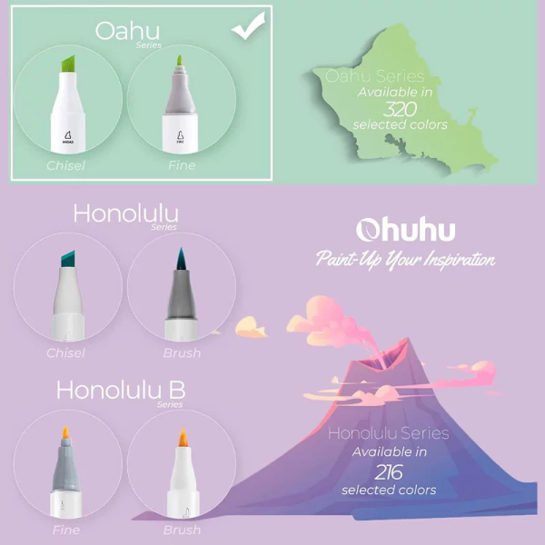 Μαρκαδόροι Ohuhu Oahu Διπλής Μύτης Σετ 40 Χρώματα, Fine & Chisel