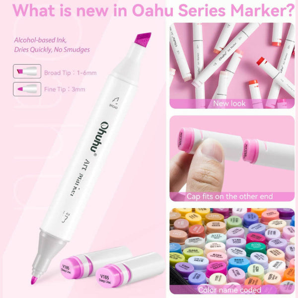 Μαρκαδόροι Ohuhu Oahu Διπλής Μύτης Σετ 40 Χρώματα, Fine & Chisel