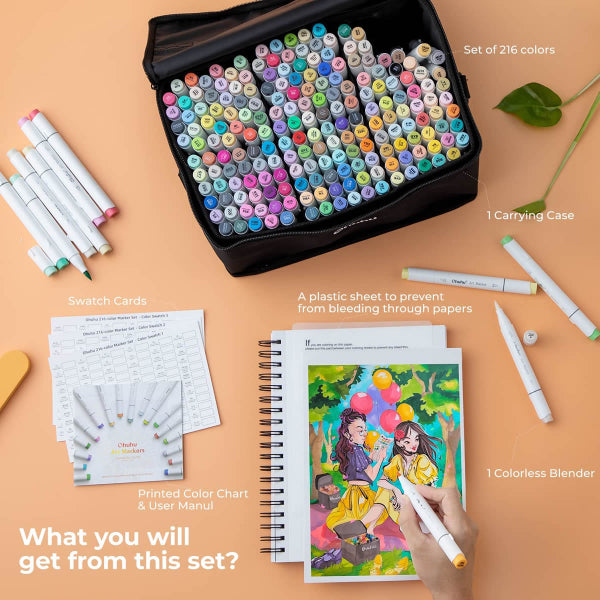 Μαρκαδόροι Ohuhu Honolulu Διπλής Μύτης Σετ 216 Χρώματα, Brush & Chisel