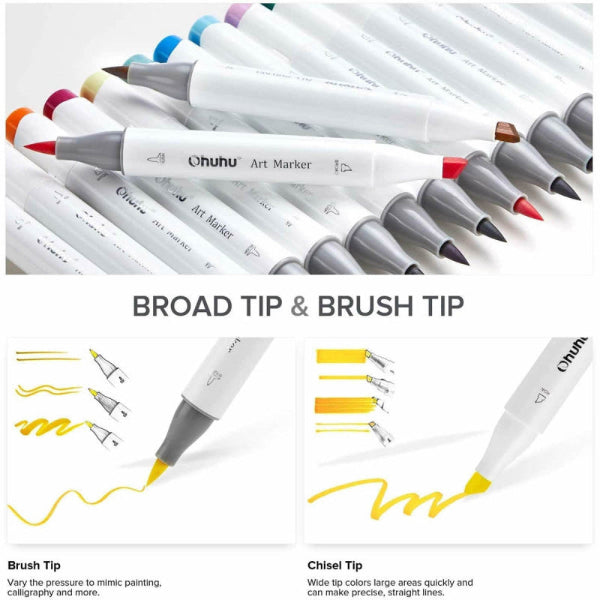 Μαρκαδόροι Ohuhu Honolulu Διπλής Μύτης Σετ 24 Χρώματα, Brush & Chisel