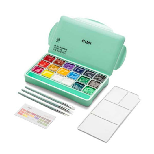 HIMI Jelly Cup Gouache Σετ 18 Χρωμάτων με 3 Πινέλα & Παλέτα Ανάμιξης - Green Case Edition
