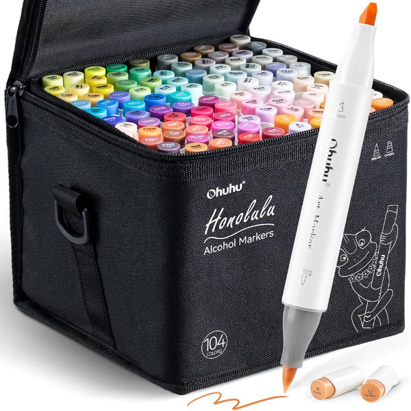 Μαρκαδόροι Ohuhu Honolulu Διπλής Μύτης Σετ 104 Χρώματα, Brush & Chisel