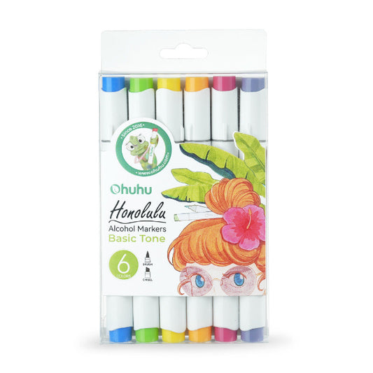 Μαρκαδόροι Ohuhu Honolulu Διπλής Μύτης Σετ 6 Χρώματα, Brush & Chisel