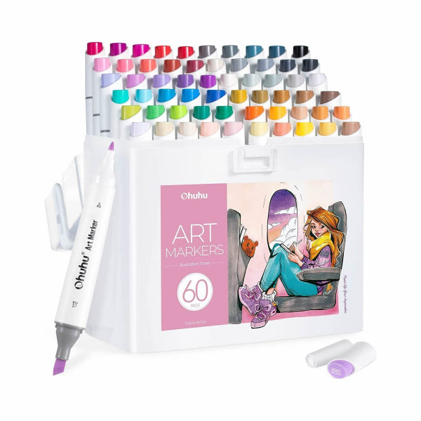 Μαρκαδόροι Ohuhu Kaala Διπλής Μύτης Σετ 60 Χρώματα, Fine & Chisel